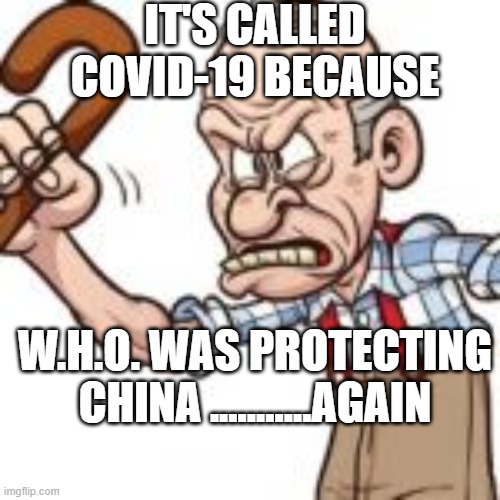 W.H.O. is China's Propaganda Puppet | IT'S CALLED COVID-19 BECAUSE; W.H.O. WAS PROTECTING CHINA ...........AGAIN | image tagged in angry stay off my lawn guy,wuhan,china,covid-19 | made w/ Imgflip meme maker