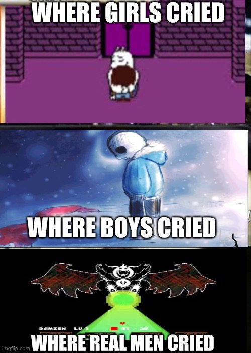 Where girls cried | WHERE GIRLS CRIED; WHERE BOYS CRIED; WHERE REAL MEN CRIED | image tagged in where girls cried | made w/ Imgflip meme maker
