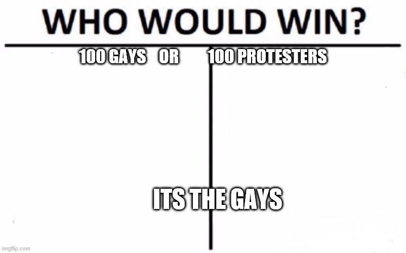 Who Would Win? | 100 GAYS    OR         100 PROTESTERS; ITS THE GAYS | image tagged in memes,who would win | made w/ Imgflip meme maker