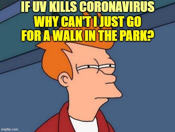 Most of these restrictions make no sense | IF UV KILLS CORONAVIRUS; WHY CAN'T I JUST GO FOR A WALK IN THE PARK? | image tagged in memes,futurama fry | made w/ Imgflip meme maker