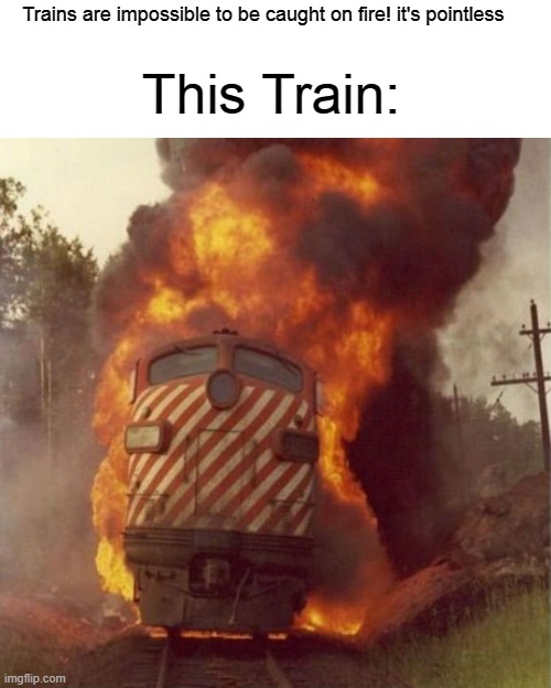 Yep | This Train:; Trains are impossible to be caught on fire! it's pointless | image tagged in train wreck | made w/ Imgflip meme maker