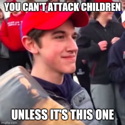 Nicholas Sandmann | YOU CAN'T ATTACK CHILDREN UNLESS IT'S THIS ONE | image tagged in nicholas sandmann | made w/ Imgflip meme maker