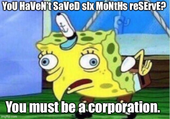 Mocking Spongebob | YoU HaVeN’t SaVeD sIx MoNtHs reSErvE? You must be a corporation. | image tagged in memes,mocking spongebob | made w/ Imgflip meme maker
