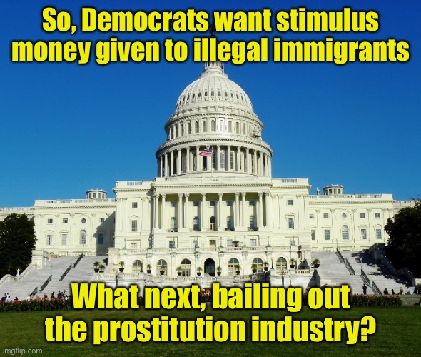 The government doesn’t even have the money to give legal residents | So, Democrats want stimulus money given to illegal immigrants; What next, bailing out the prostitution industry? | image tagged in politics,crazy,democrats,illegal immigration | made w/ Imgflip meme maker