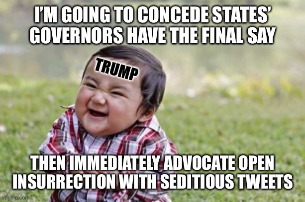 The toddler has a longer attention span | I’M GOING TO CONCEDE STATES’ GOVERNORS HAVE THE FINAL SAY; TRUMP; THEN IMMEDIATELY ADVOCATE OPEN INSURRECTION WITH SEDITIOUS TWEETS | image tagged in memes,evil toddler,trump,insurrection,donald trump is an idiot,dangerous idiot | made w/ Imgflip meme maker