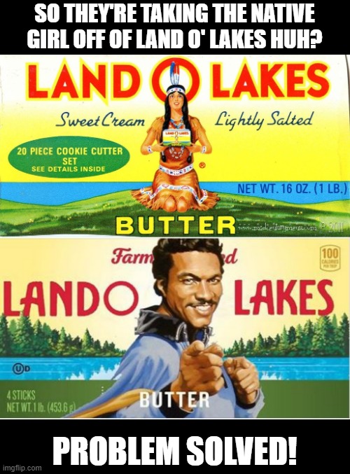 What's in a Name Change? | SO THEY'RE TAKING THE NATIVE GIRL OFF OF LAND O' LAKES HUH? PROBLEM SOLVED! | image tagged in land o lakes butter | made w/ Imgflip meme maker