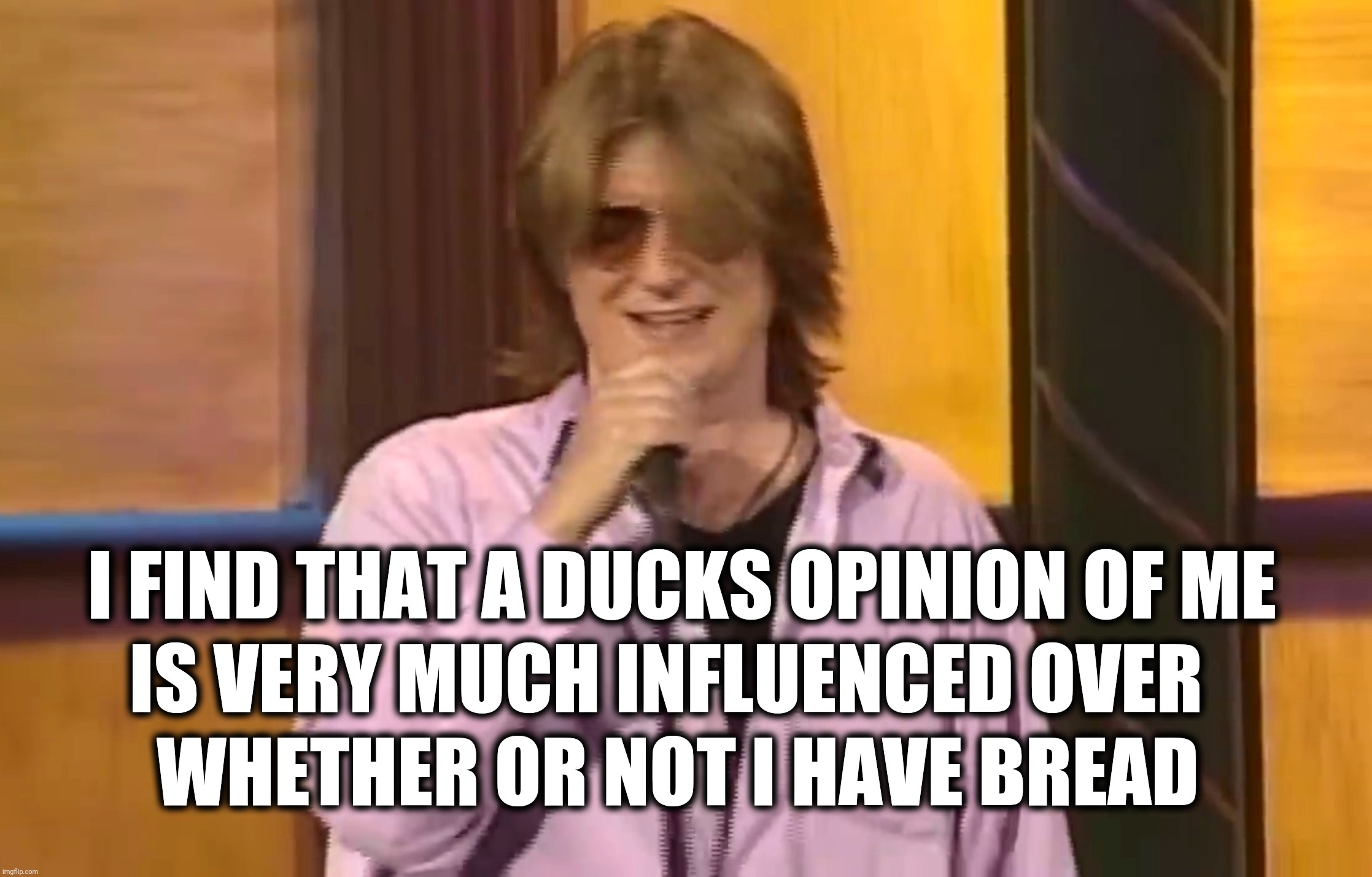 Mitch Hedberg | I FIND THAT A DUCKS OPINION OF ME; IS VERY MUCH INFLUENCED OVER; WHETHER OR NOT I HAVE BREAD | image tagged in mitch hedberg | made w/ Imgflip meme maker