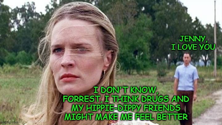 Forrest should have just let it go. | JENNY, I LOVE YOU; I DON'T KNOW, FORREST, I THINK DRUGS AND MY HIPPIE-DIPPY FRIENDS MIGHT MAKE ME FEEL BETTER | image tagged in forrest gump,jenny,forrest gump and jenny | made w/ Imgflip meme maker