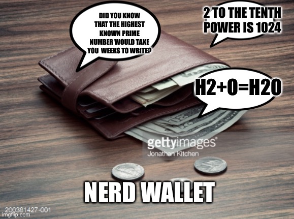 Nerd Wallet! | 2 TO THE TENTH POWER IS 1024; DID YOU KNOW THAT THE HIGHEST KNOWN PRIME NUMBER WOULD TAKE YOU  WEEKS TO WRITE? H2+O=H2O; NERD WALLET | image tagged in wallet,nerd | made w/ Imgflip meme maker