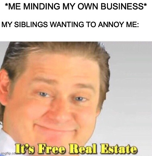 white top free real state | MY SIBLINGS WANTING TO ANNOY ME:; *ME MINDING MY OWN BUSINESS* | image tagged in memes,it's free real estate | made w/ Imgflip meme maker