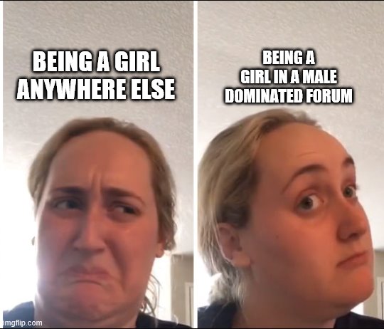 Kombucha Girl | BEING A GIRL IN A MALE DOMINATED FORUM; BEING A GIRL ANYWHERE ELSE | image tagged in kombucha girl | made w/ Imgflip meme maker