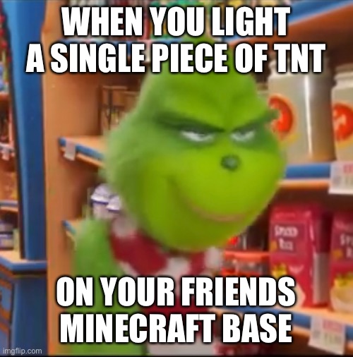 Minecraft TNT | WHEN YOU LIGHT A SINGLE PIECE OF TNT; ON YOUR FRIENDS MINECRAFT BASE | image tagged in tnt,prank,trolol,minecraft | made w/ Imgflip meme maker