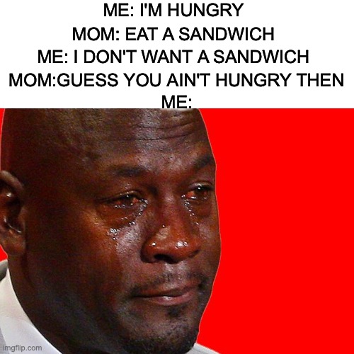 crying michael jordan | ME: I'M HUNGRY; MOM: EAT A SANDWICH; ME: I DON'T WANT A SANDWICH; MOM:GUESS YOU AIN'T HUNGRY THEN; ME: | image tagged in memes,crying michael jordan | made w/ Imgflip meme maker