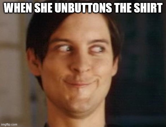 Spiderman Peter Parker Meme | WHEN SHE UNBUTTONS THE SHIRT | image tagged in memes,spiderman peter parker | made w/ Imgflip meme maker