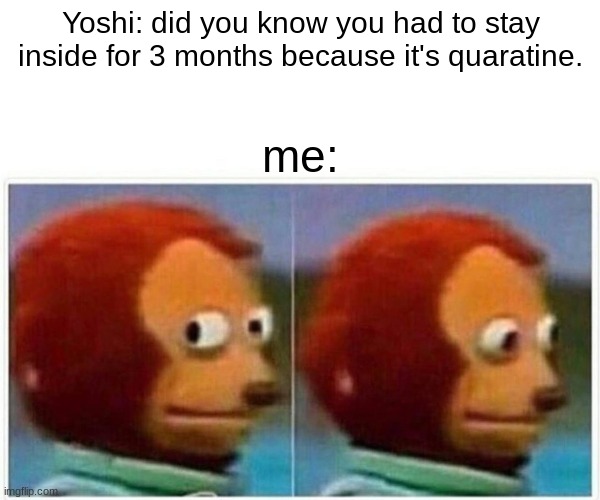 Monkey Puppet | Yoshi: did you know you had to stay inside for 3 months because it's quaratine. me: | image tagged in memes,monkey puppet | made w/ Imgflip meme maker