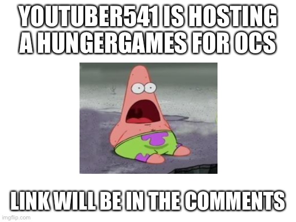 Hunger games for OCs | YOUTUBER541 IS HOSTING A HUNGERGAMES FOR OCS; LINK WILL BE IN THE COMMENTS | image tagged in blank white template,what | made w/ Imgflip meme maker