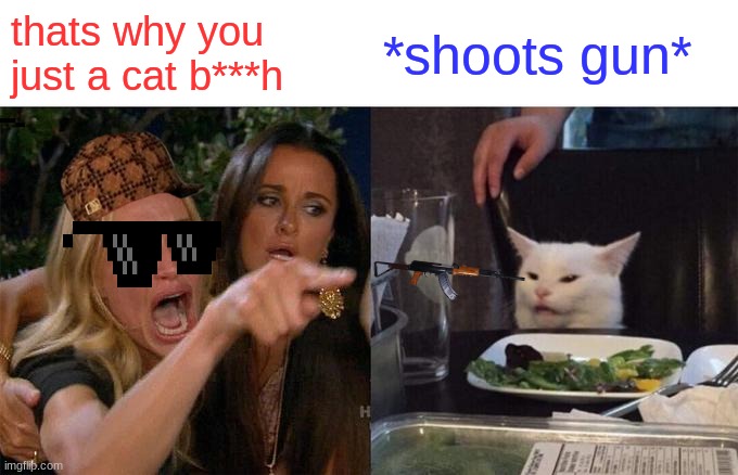 Woman Yelling At Cat | thats why you just a cat b***h; *shoots gun* | image tagged in memes,woman yelling at cat | made w/ Imgflip meme maker