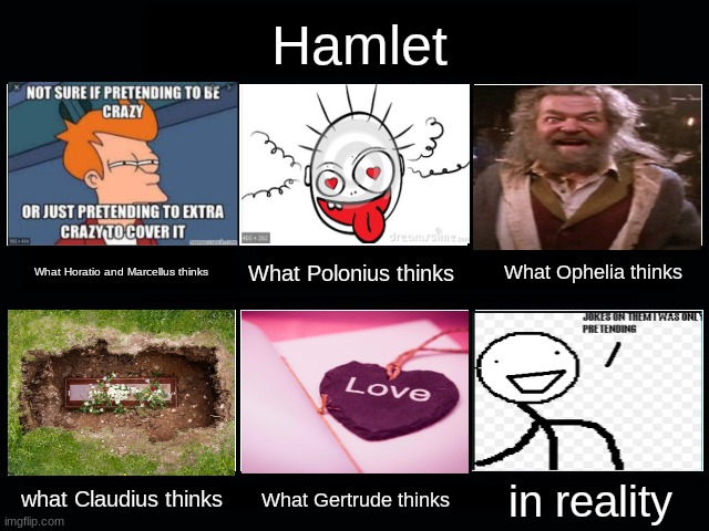 What People Think I Do / What I Really Do | Hamlet; What Ophelia thinks; What Polonius thinks; What Horatio and Marcellus thinks; What Gertrude thinks; in reality; what Claudius thinks | image tagged in what people think i do / what i really do | made w/ Imgflip meme maker