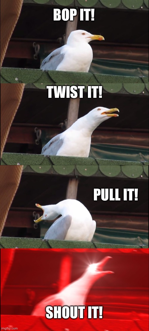 Inhaling Seagull Meme | BOP IT! TWIST IT! PULL IT! SHOUT IT! | image tagged in memes,inhaling seagull | made w/ Imgflip meme maker