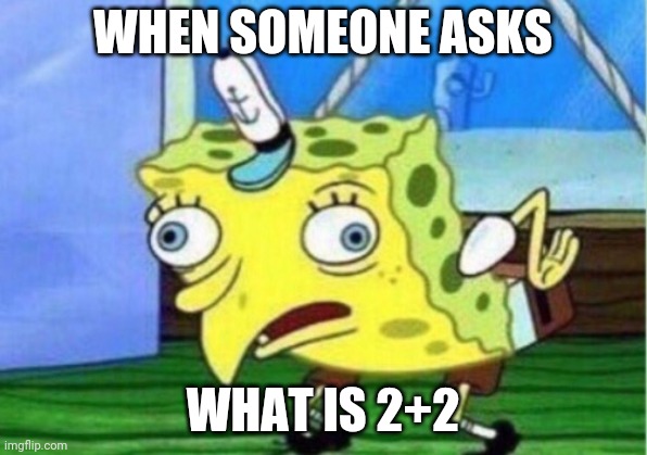 Mocking Spongebob Meme | WHEN SOMEONE ASKS; WHAT IS 2+2 | image tagged in memes,mocking spongebob | made w/ Imgflip meme maker