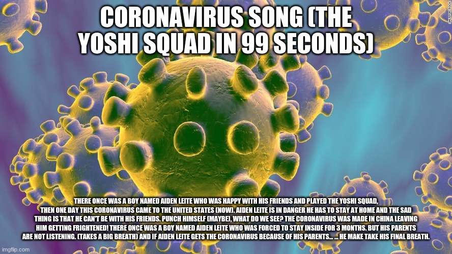 Coronavirus | CORONAVIRUS SONG (THE YOSHI SQUAD IN 99 SECONDS); THERE ONCE WAS A BOY NAMED AIDEN LEITE WHO WAS HAPPY WITH HIS FRIENDS AND PLAYED THE YOSHI SQUAD, THEN ONE DAY THIS CORONAVIRUS CAME TO THE UNITED STATES (NOW). AIDEN LEITE IS IN DANGER HE HAS TO STAY AT HOME AND THE SAD THING IS THAT HE CAN'T BE WITH HIS FRIENDS. PUNCH HIMSELF (MAYBE), WHAT DO WE SEE? THE CORONAVIRUS WAS MADE IN CHINA LEAVING HIM GETTING FRIGHTENED! THERE ONCE WAS A BOY NAMED AIDEN LEITE WHO WAS FORCED TO STAY INSIDE FOR 3 MONTHS. BUT HIS PARENTS ARE NOT LISTENING. (TAKES A BIG BREATH) AND IF AIDEN LEITE GETS THE CORONAVIRUS BECAUSE OF HIS PARENTS... ... HE MAKE TAKE HIS FINAL BREATH. | image tagged in coronavirus | made w/ Imgflip meme maker