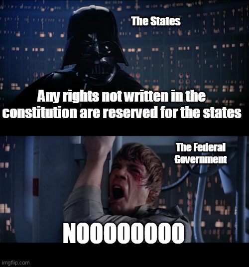 Star Wars No | The States; Any rights not written in the constitution are reserved for the states; The Federal Government; NOOOOOOOO | image tagged in memes,star wars no | made w/ Imgflip meme maker