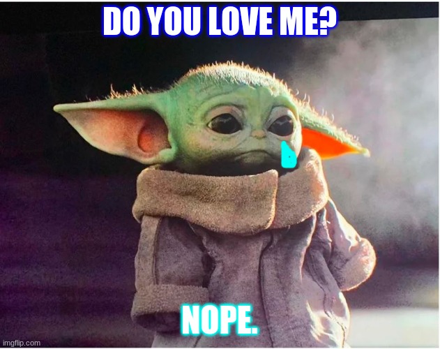 Sad Baby Yoda | DO YOU LOVE ME? NOPE. | image tagged in sad baby yoda | made w/ Imgflip meme maker