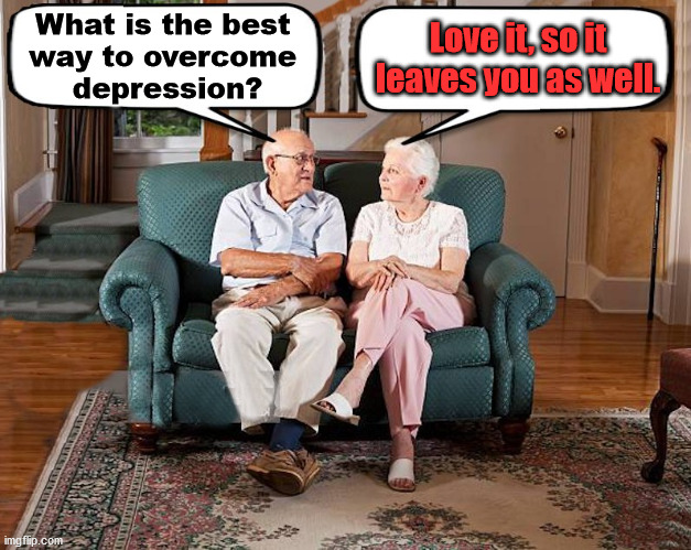 When I love something it always seems to leave. | What is the best 
way to overcome 
depression? Love it, so it leaves you as well. | image tagged in old married couple,depression,leaves | made w/ Imgflip meme maker