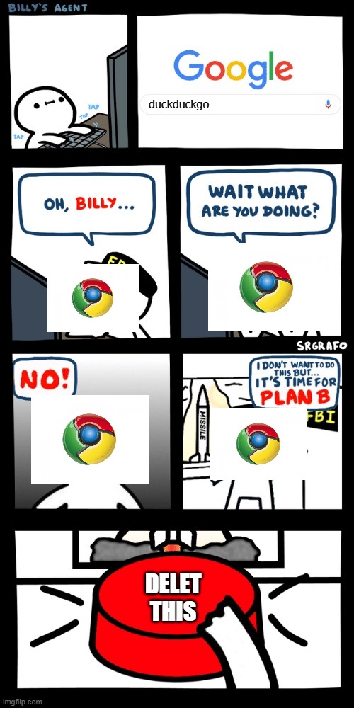 Billy’s FBI agent plan B | duckduckgo; DELET THIS | image tagged in billys fbi agent plan b | made w/ Imgflip meme maker
