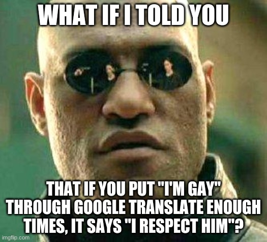 What if i told you | WHAT IF I TOLD YOU; THAT IF YOU PUT "I'M GAY" THROUGH GOOGLE TRANSLATE ENOUGH TIMES, IT SAYS "I RESPECT HIM"? | image tagged in what if i told you | made w/ Imgflip meme maker