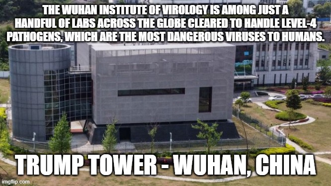 Another Trump Conspiracy | THE WUHAN INSTITUTE OF VIROLOGY IS AMONG JUST A HANDFUL OF LABS ACROSS THE GLOBE CLEARED TO HANDLE LEVEL-4 PATHOGENS, WHICH ARE THE MOST DANGEROUS VIRUSES TO HUMANS. TRUMP TOWER - WUHAN, CHINA | image tagged in donald trump is an idiot,covid-19,covid19,coronavirus,corona virus | made w/ Imgflip meme maker