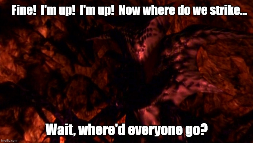 The last Shadow | Fine!  I'm up!  I'm up!  Now where do we strike... Wait, where'd everyone go? | image tagged in babylon 5,shadows,last guy | made w/ Imgflip meme maker