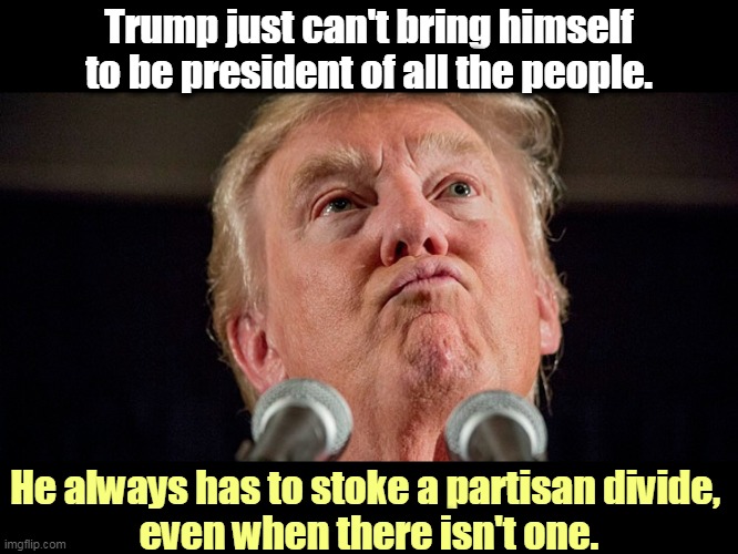 As a child, his parents sent him away to school because he was always picking fights with people. | Trump just can't bring himself to be president of all the people. He always has to stoke a partisan divide, 
even when there isn't one. | image tagged in trump,fights,partisanship,division | made w/ Imgflip meme maker