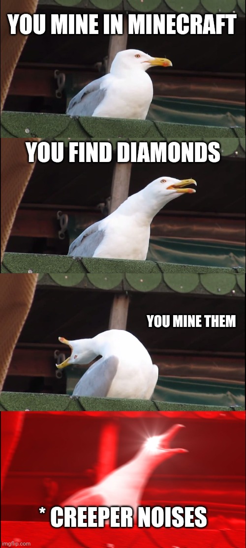 Inhaling Seagull | YOU MINE IN MINECRAFT; YOU FIND DIAMONDS; YOU MINE THEM; * CREEPER NOISES | image tagged in memes,inhaling seagull | made w/ Imgflip meme maker