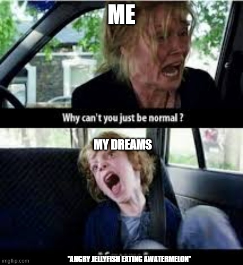 Why cant you just be normal? | ME; MY DREAMS; *ANGRY JELLYFISH EATING AWATERMELON* | image tagged in why cant you just be normal | made w/ Imgflip meme maker