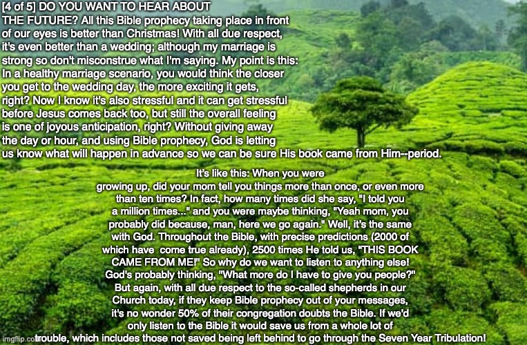 [4 of 5] DO YOU WANT TO HEAR ABOUT THE FUTURE? All this Bible prophecy taking place in front of our eyes is better than Christmas! With all due respect, it's even better than a wedding; although my marriage is strong so don't misconstrue what I'm saying. My point is this: In a healthy marriage scenario, you would think the closer you get to the wedding day, the more exciting it gets, right? Now I know it's also stressful and it can get stressful before Jesus comes back too, but still the overall feeling is one of joyous anticipation, right? Without giving away the day or hour, and using Bible prophecy, God is letting us know what will happen in advance so we can be sure His book came from Him--period. It’s like this: When you were growing up, did your mom tell you things more than once, or even more than ten times? In fact, how many times did she say, "I told you a million times..." and you were maybe thinking, "Yeah mom, you probably did because, man, here we go again." Well, it’s the same with God. Throughout the Bible, with precise predictions (2000 of which have  come true already), 2500 times He told us, “THIS BOOK CAME FROM ME!" So why do we want to listen to anything else! God's probably thinking, "What more do I have to give you people?" But again, with all due respect to the so-called shepherds in our Church today, if they keep Bible prophecy out of your messages, it's no wonder 50% of their congregation doubts the Bible. If we'd only listen to the Bible it would save us from a whole lot of trouble, which includes those not saved being left behind to go through the Seven Year Tribulation! | image tagged in bible,prophecy,end times,god,jesus,christian | made w/ Imgflip meme maker