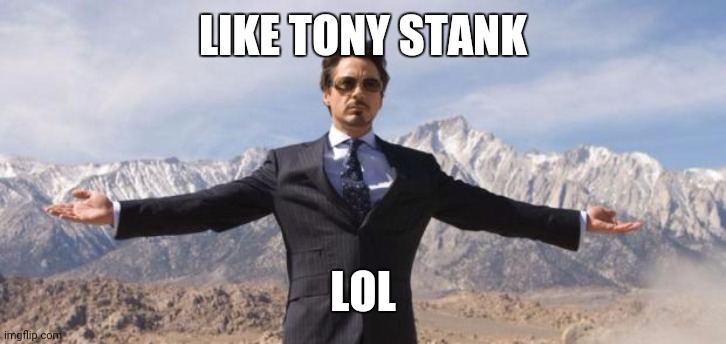 tony stark like a boss | LIKE TONY STANK LOL | image tagged in tony stark like a boss | made w/ Imgflip meme maker