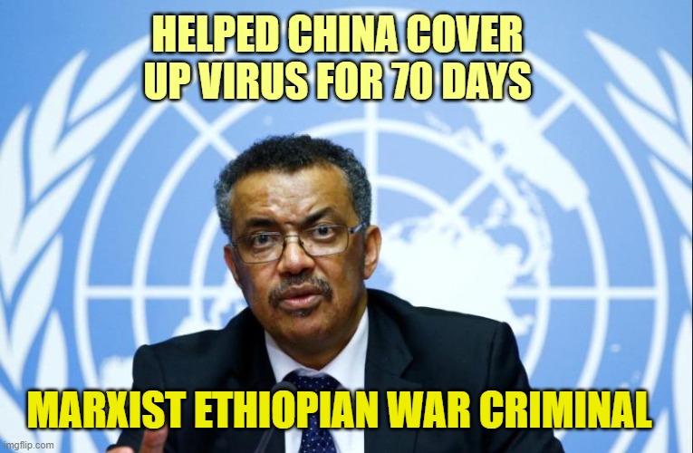 tedros the bullshit artist | MARXIST ETHIOPIAN WAR CRIMINAL HELPED CHINA COVER UP VIRUS FOR 70 DAYS | image tagged in tedros the bullshit artist | made w/ Imgflip meme maker