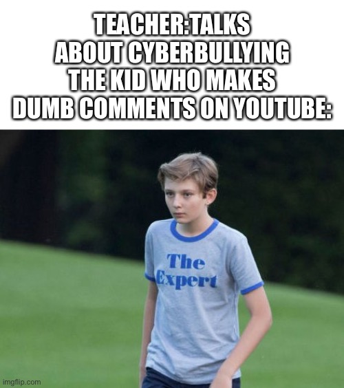 The Expert | TEACHER:TALKS ABOUT CYBERBULLYING
THE KID WHO MAKES DUMB COMMENTS ON YOUTUBE: | image tagged in the expert | made w/ Imgflip meme maker