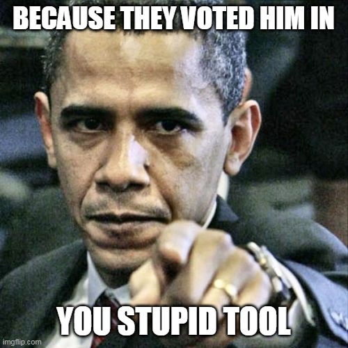 Pissed Off Obama Meme | BECAUSE THEY VOTED HIM IN YOU STUPID TOOL | image tagged in memes,pissed off obama | made w/ Imgflip meme maker