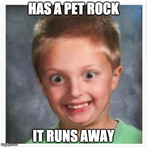 OH NO | HAS A PET ROCK; IT RUNS AWAY | image tagged in school pictures | made w/ Imgflip meme maker