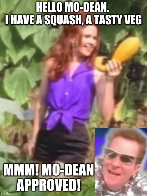 Mo-Dean Approved | HELLO MO-DEAN. 
I HAVE A SQUASH, A TASTY VEG; MMM! MO-DEAN APPROVED! | image tagged in aliens,vegetables,rock and roll,sunglasses | made w/ Imgflip meme maker