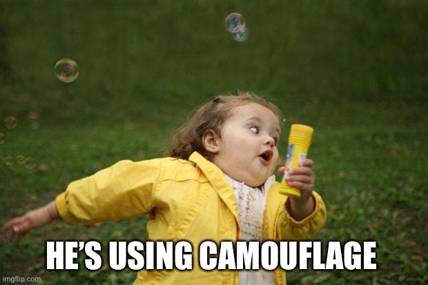 girl running | HE’S USING CAMOUFLAGE | image tagged in girl running | made w/ Imgflip meme maker