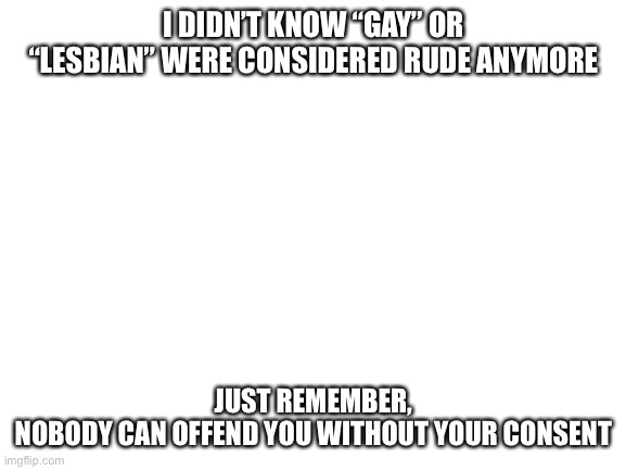 Blank White Template | I DIDN’T KNOW “GAY” OR “LESBIAN” WERE CONSIDERED RUDE ANYMORE JUST REMEMBER,
NOBODY CAN OFFEND YOU WITHOUT YOUR CONSENT | image tagged in blank white template | made w/ Imgflip meme maker