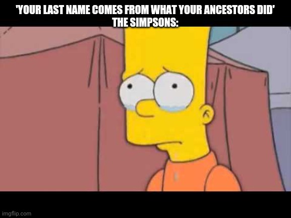BART SIMPSON SAD | 'YOUR LAST NAME COMES FROM WHAT YOUR ANCESTORS DID'
THE SIMPSONS: | image tagged in bart simpson sad | made w/ Imgflip meme maker