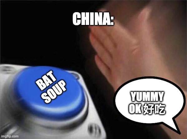 Blank Nut Button | CHINA:; BAT SOUP; YUMMY OK 好吃 | image tagged in memes,blank nut button | made w/ Imgflip meme maker