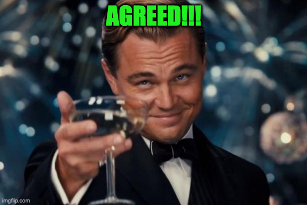 Leonardo Dicaprio Cheers Meme | AGREED!!! | image tagged in memes,leonardo dicaprio cheers | made w/ Imgflip meme maker