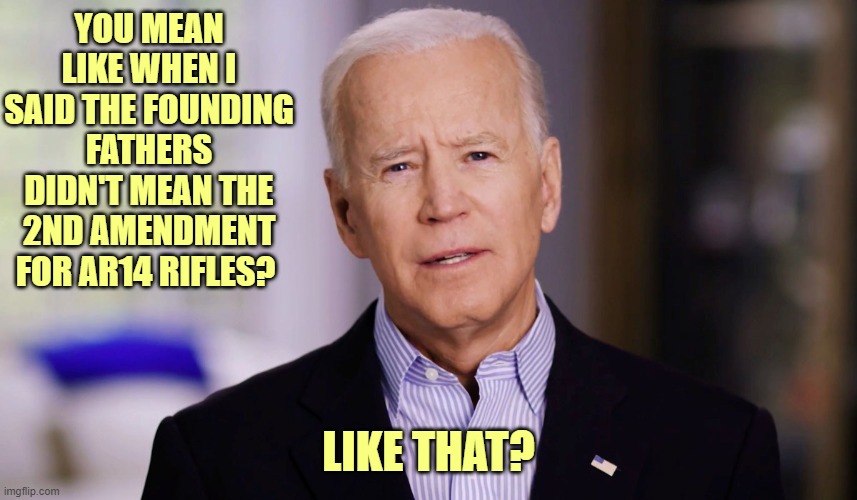 Joe Biden 2020 | YOU MEAN LIKE WHEN I SAID THE FOUNDING FATHERS DIDN'T MEAN THE 2ND AMENDMENT FOR AR14 RIFLES? LIKE THAT? | image tagged in joe biden 2020 | made w/ Imgflip meme maker