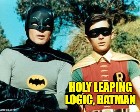 Batman and Robin | HOLY LEAPING LOGIC, BATMAN | image tagged in batman and robin | made w/ Imgflip meme maker