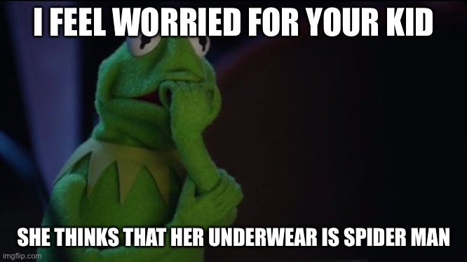 Kermit worried face | I FEEL WORRIED FOR YOUR KID SHE THINKS THAT HER UNDERWEAR IS SPIDER MAN | image tagged in kermit worried face | made w/ Imgflip meme maker